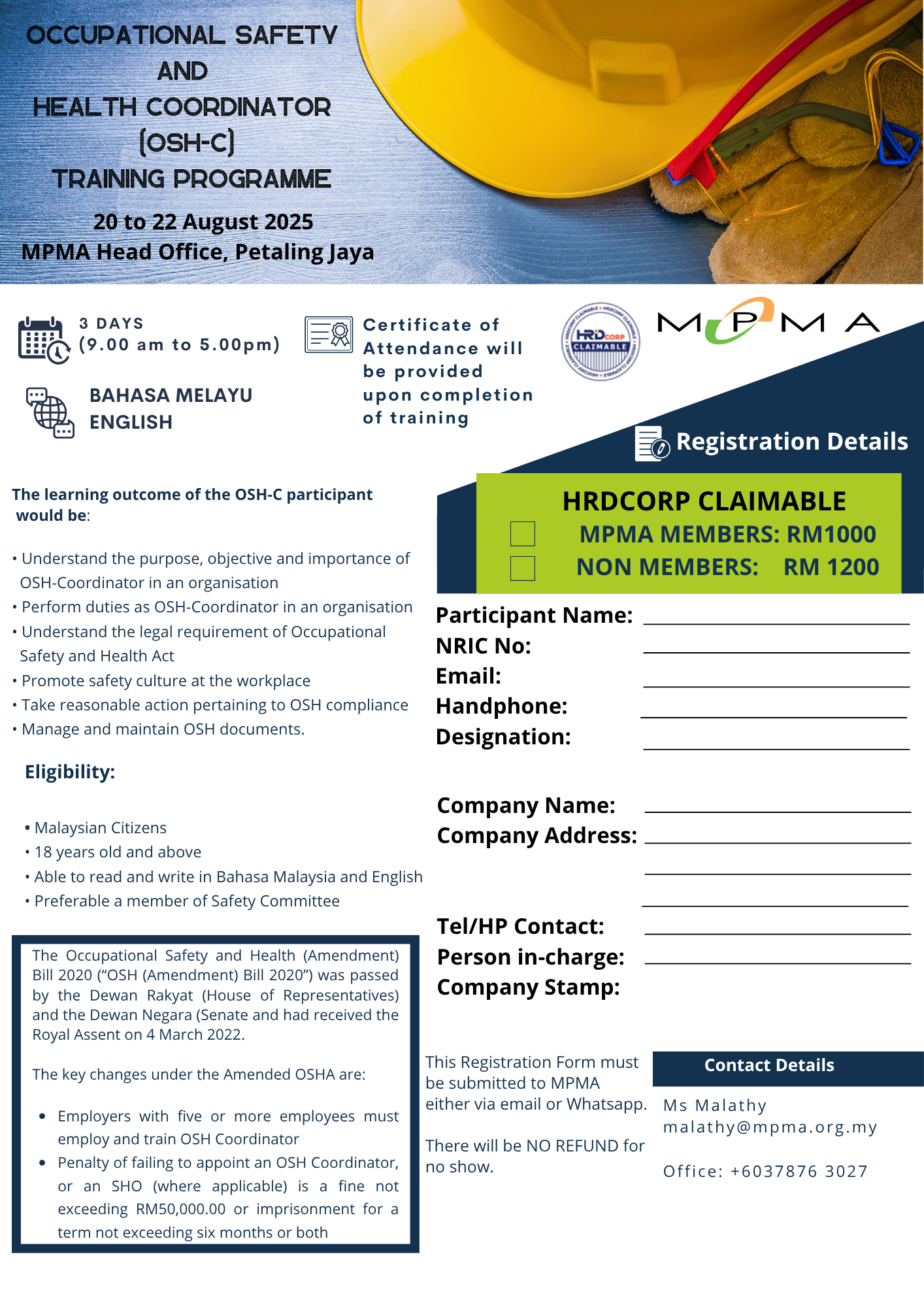 OCCUPATIONAL SAFETY & HEALTH COORDINATOR TRAINING