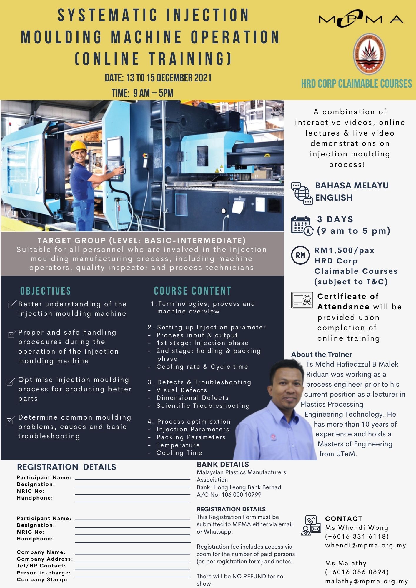 Systematic Injection Moulding Machine Operations (Online Training) 13 to 15 December 2021
